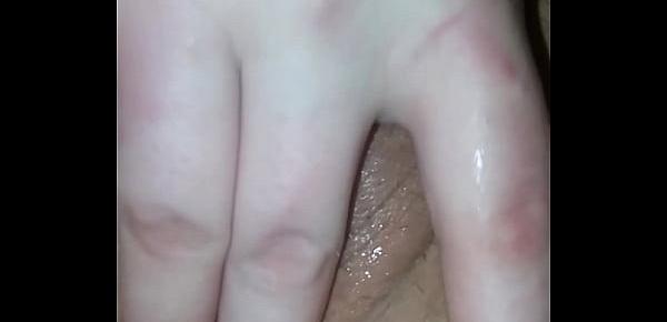  My wife playing with her wet pussy waiting for our 19 year olds sex slave to come dick her down while I Spit on her already wet pussy and make it sloppy wet